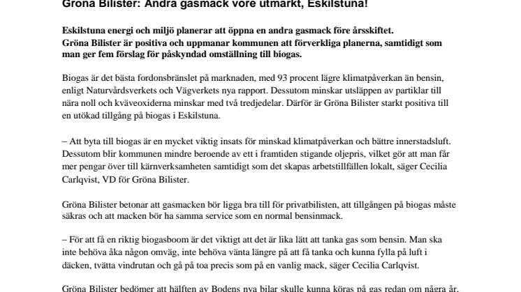 Gröna Bilister: Andra gasmack vore utmärkt, Eskilstuna!