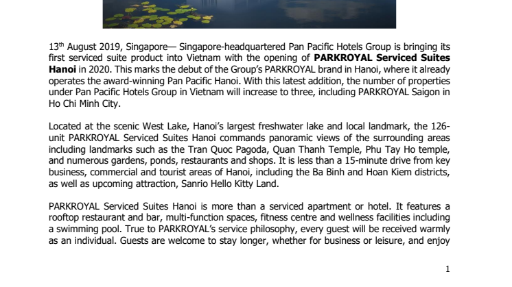 PARKROYAL Serviced Suites Hanoi to open in 2020