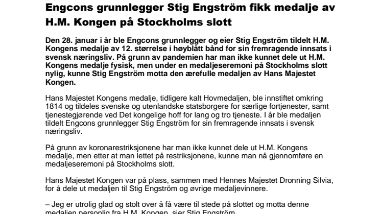 271021_Press_Engcons grunnlegger Stig Engström fikk medalje av H.M. Kongen på Stockholms slott