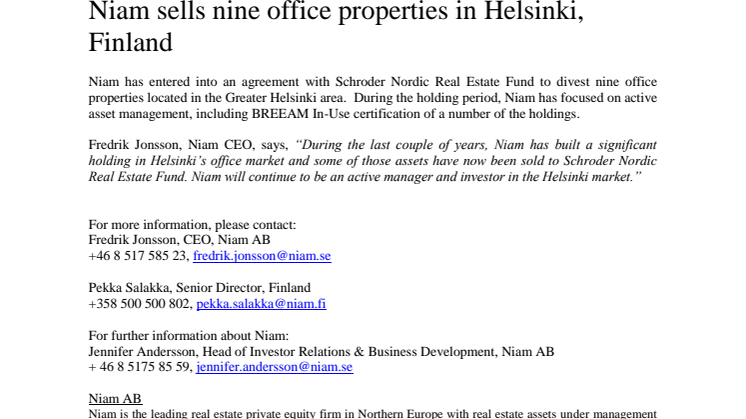 Niam sells nine office properties in Helsinki, Finland 