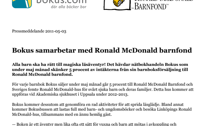 Bokus samarbetar med Ronald McDonald barnfond