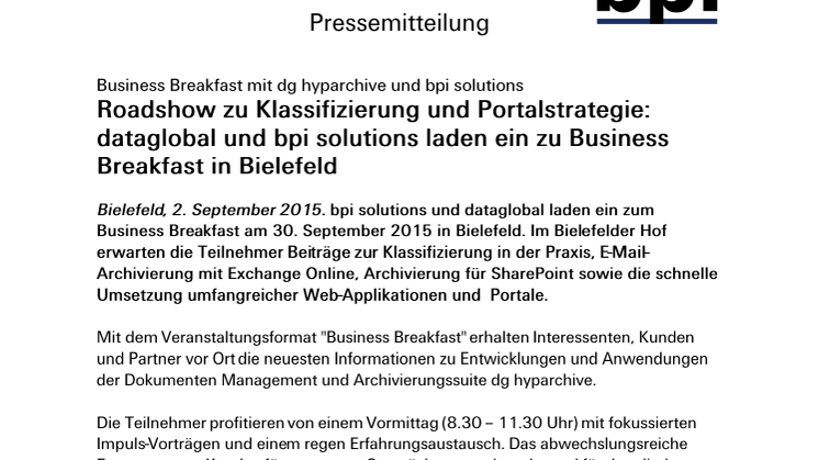 Roadshow zu Klassifizierung und Portalstrategie: dataglobal und bpi solutions laden ein zu Business Breakfast in Bielefeld