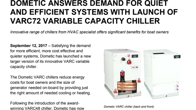 Dometic Answers Demand for Quiet and Efficient Systems with Launch of VARC72 Variable Capacity Chiller