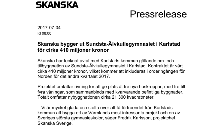 Skanska bygger ut Sundsta-Älvkullegymnasiet i Karlstad för cirka 410 miljoner kronor