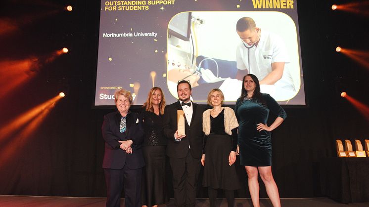 L-R Awards host, broadcaster and comedian Sandi Toksvig; Barbara Davies, Barry Hill and Dianne Ford from Northumbria University and Isabelle Bristow of award sponsor Studiosity 