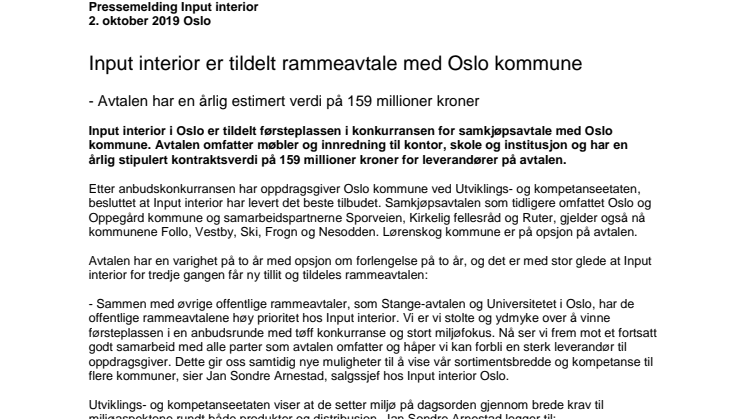 Input interior er tildelt rammeavtale med Oslo kommune