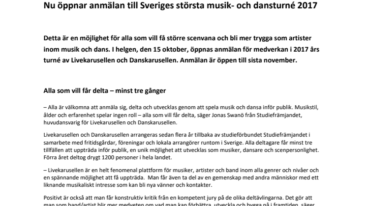 Nu öppnar anmälan till Sveriges största musik- och dansturné 2017