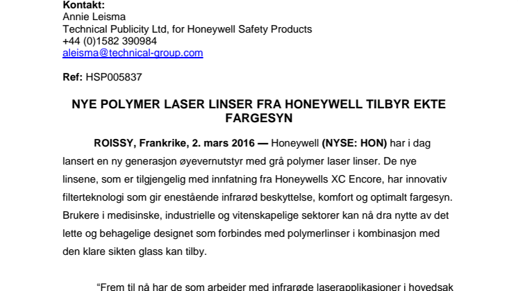  Nye polymer laser linser fra Honeywell tilbyr ekte fargesyn