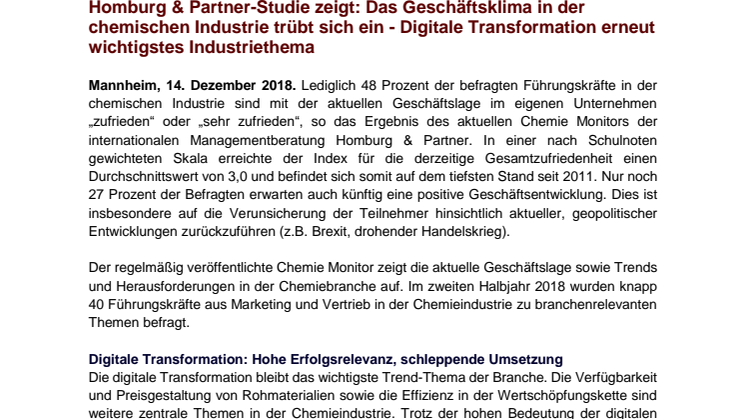 Homburg & Partner-Studie zeigt: Das Geschäftsklima in der chemischen Industrie trübt sich ein - Digitale Transformation erneut wichtigstes Industriethema
