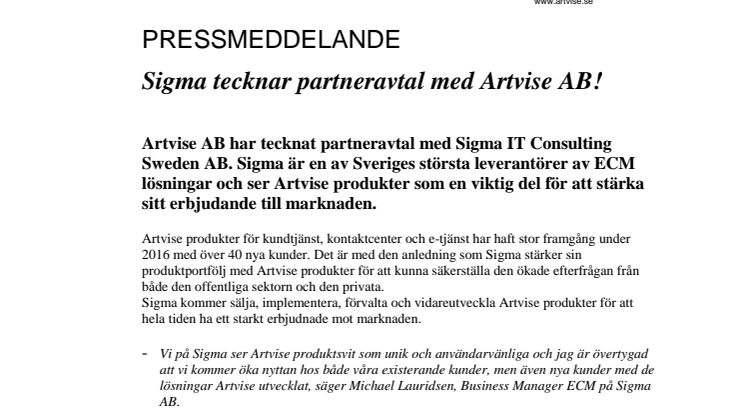 Sigma tecknar partneravtal med Artvise AB!