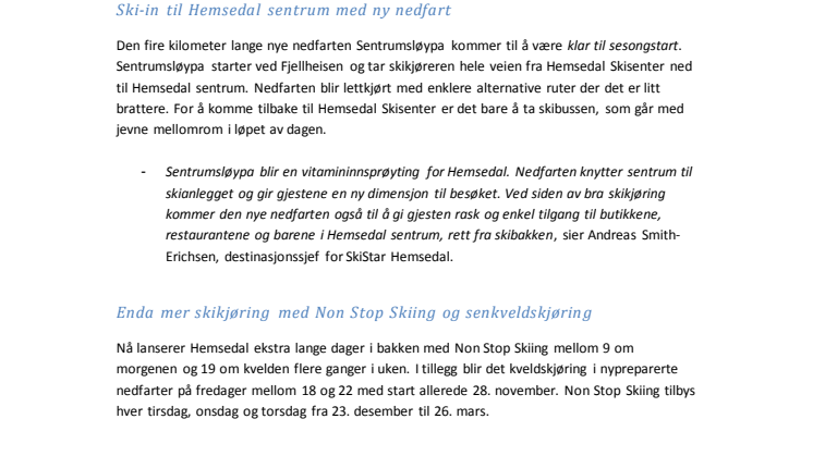 SkiStar Hemsedal: Nyheter 2014/2015