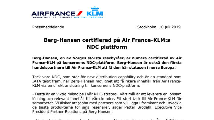 Berg-Hansen certifierad på Air France-KLM:s NDC plattform