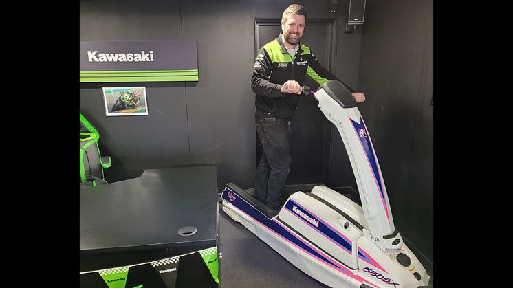 Tom Pringle, Sales Manager Kawasaki Watercraft UK and the iconic Kawasaki 550SX, celebrating 50 years of the Jet-Ski®.