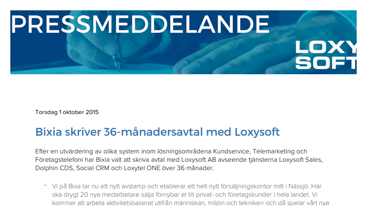 Bixia skriver 36-månadersavtal med Loxysoft