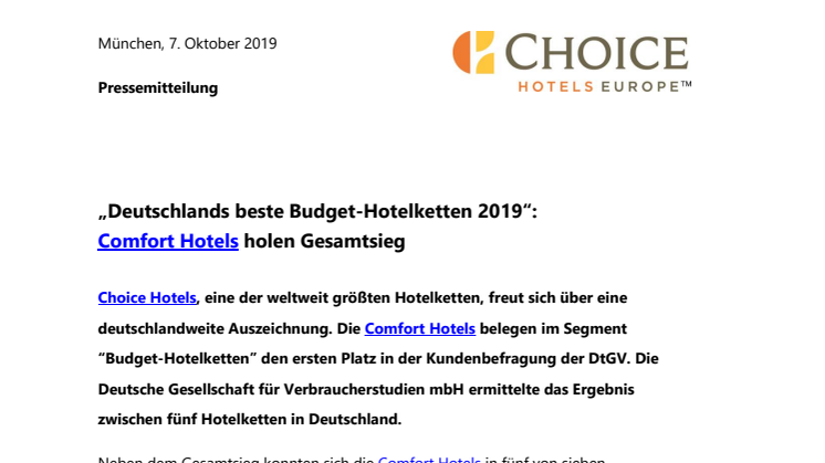 „Deutschlands beste Budget-Hotelketten 2019“:  Comfort Hotels holen Gesamtsieg