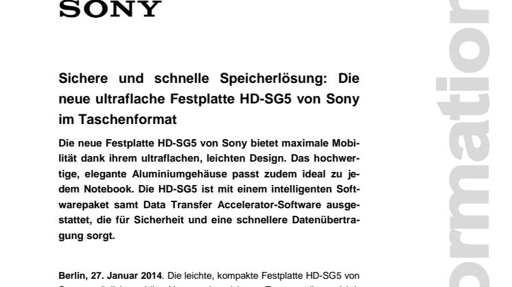 Sichere und schnelle Speicherlösung: Die neue ultraflache Festplatte HD-SG5 von Sony im Taschenformat