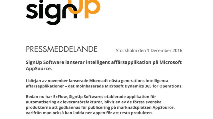 Pressmeddelande - SignUp Software lanserar intelligent affärsapplikation på Microsoft AppSource