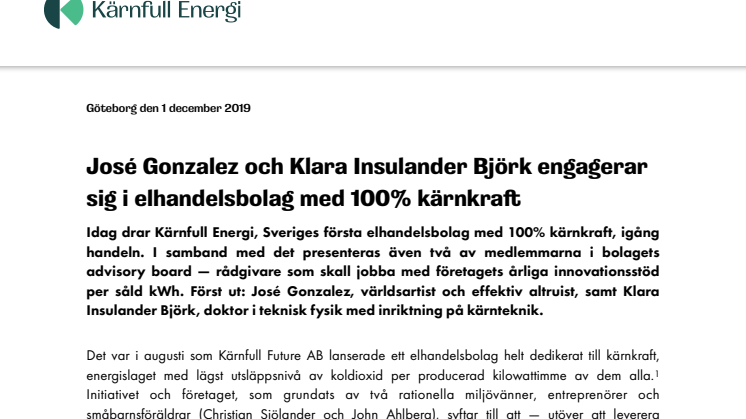 José Gonzalez och Klara Insulander Björk engagerar sig i elhandelsbolag med 100% kärnkraft