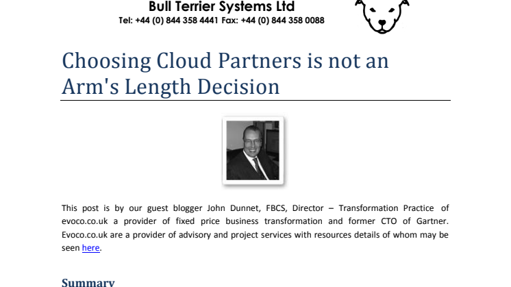 Choosing Cloud Partners is not an Arm's Length Decision.  Blog post from http://www.managedserviceexpert.com/