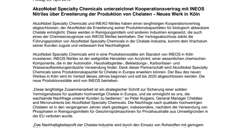 AkzoNobel Specialty Chemicals unterzeichnet Kooperationsvertrag mit INEOS Nitriles über Erweiterung der Produktion von Chelaten – Neues Werk in Köln