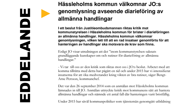 Hässleholms kommun välkomnar JO:s genomlysning avseende diarieföring av allmänna handlingar
