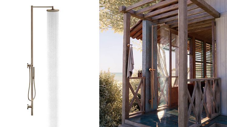 AXOR Starck Nature Shower bringer det ikoniske design og den luksuriøse bruseoplevelse fra AXOR Starck brusesøjlen udendørs. Med varmtvandstilslutning, PowderRain hovedbruser og mulighed for håndbruser giver den bruserluksus i det fri.