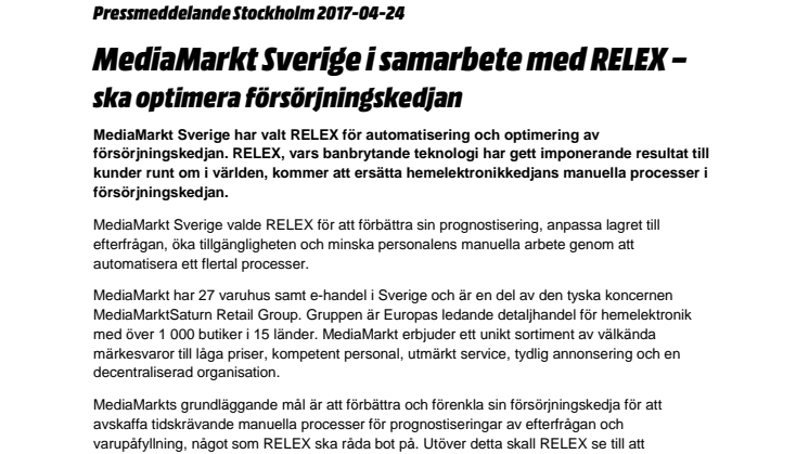 MediaMarkt Sverige i samarbete med RELEX – ska optimera försörjningskedjan