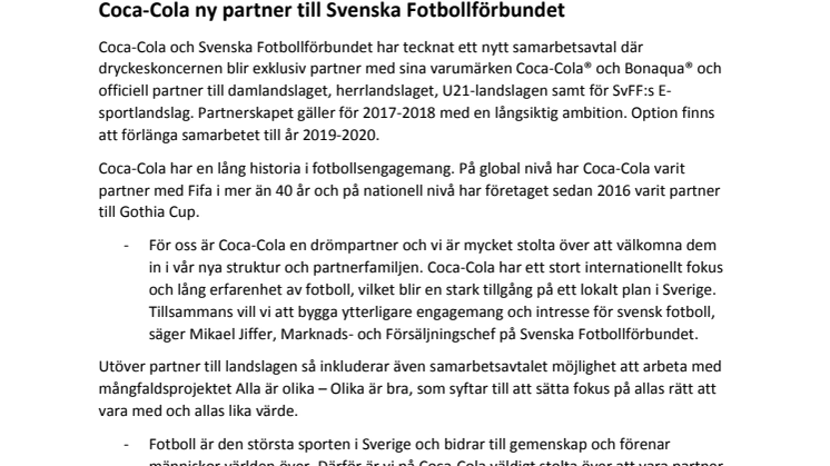 Coca-Cola ny partner till Svenska Fotbollförbundet