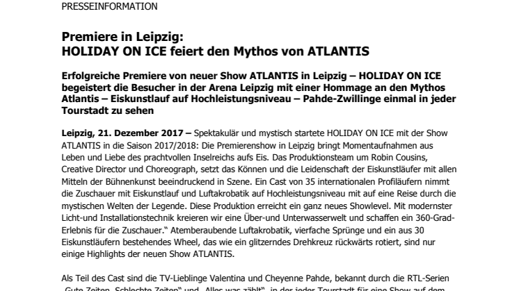 Premiere in Leipzig:  HOLIDAY ON ICE feiert den Mythos von ATLANTIS