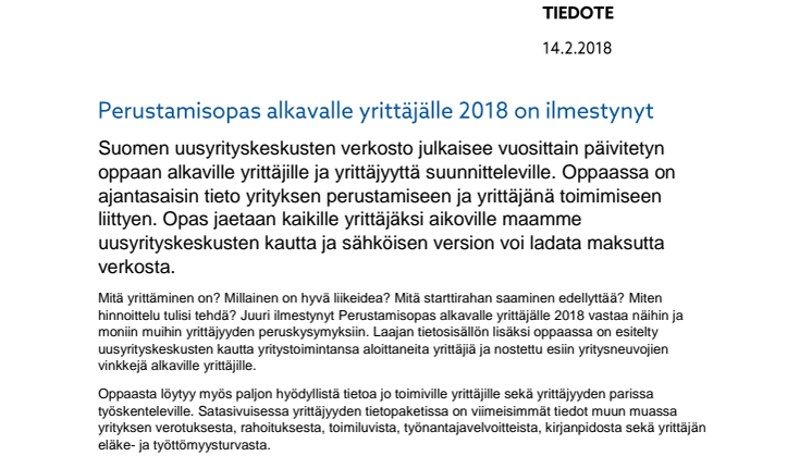 ​Perustamisopas alkavalle yrittäjälle 2018 on ilmestynyt