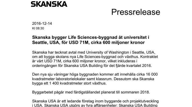 Skanska bygger Life Sciences-byggnad åt universitet i Seattle, USA, för USD 71M, cirka 600 miljoner kronor