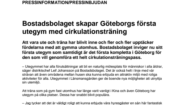 Bostadsbolaget skapar Göteborgs första utegym med cirkulationsträning 
