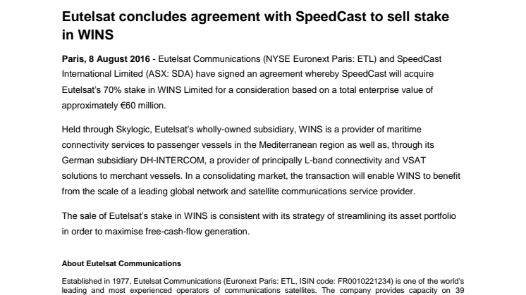 Eutelsat concludes agreement with SpeedCast to sell stake in WINS
