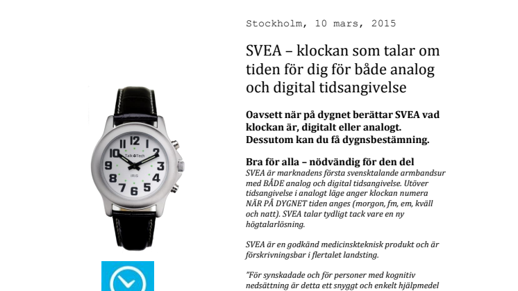 Iris Hjälpmedel lanserar: SVEA, klockan som talar om tiden för dig med analog och digital tidsangivelse 
