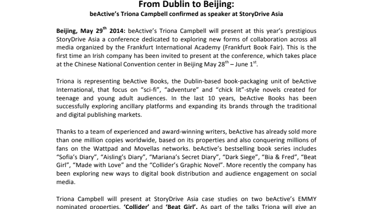 From Dublin to Beijing: beActive’s Triona Campbell confirmed as speaker at StoryDrive Asia