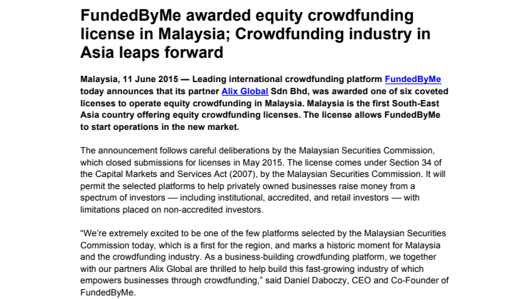 FundedByMe awarded equity crowdfunding license in Malaysia; Crowdfunding industry in Asia leaps forward