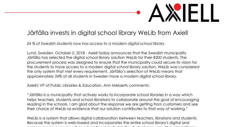 Järfälla invests in digital school library WeLib from Axiell