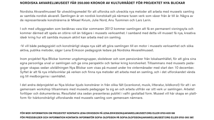 Nordiska Akvarellmuseet får 250.000 kr av Kulturrådet