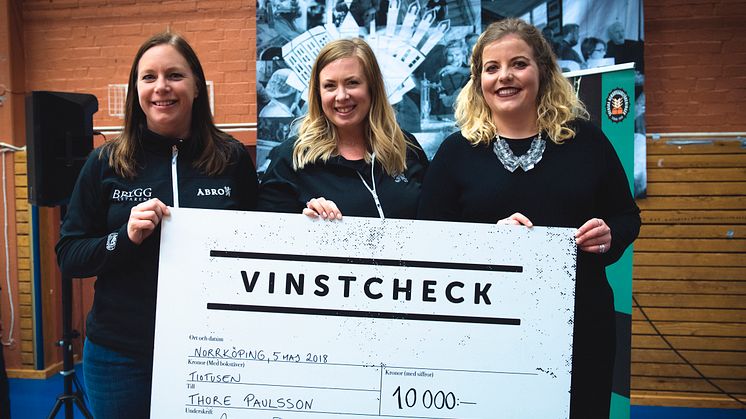 Åsa Johansson, Amelie Dunge och Isabella Ankarberg från Åbro Bryggeri med vinstchecken till årets hemmabryggare. Förutom äran och 10 000 kronor får årets hembryggare även brygga en batch hos Åbro Bryggeri i Vimmerby. 