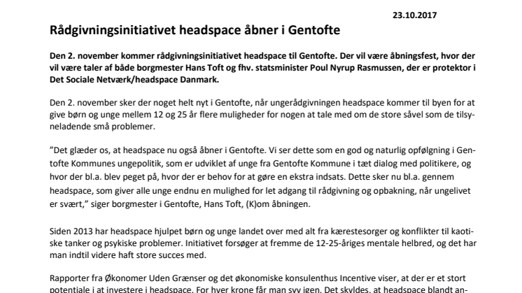 Rådgivningsinitiativet headspace åbner i Gentofte
