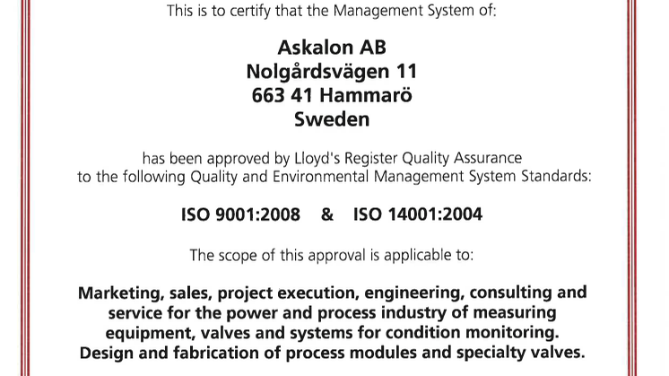 Askalon AB kvalitet och miljö certifierat enligt ISO 9001 och ISO 14001