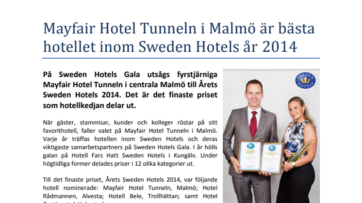 Mayfair Hotel Tunneln i Malmö är bästa hotellet inom Sweden Hotels år 2014