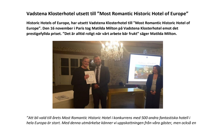 Vadstena Klosterhotel utsett till ”Most Romantic Historic Hotel of Europe”
