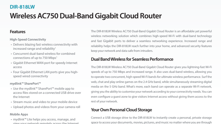 Produktblad, D-Link Wireless AC750 Dual Band Gigabit Cloud Router (DIR-818LW) 