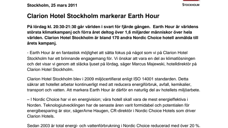 Clarion Hotel Stockholm markerar Earth Hour 