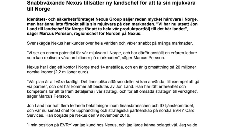  Snabbväxande Nexus tillsätter ny landschef för att ta sin mjukvara till Norge