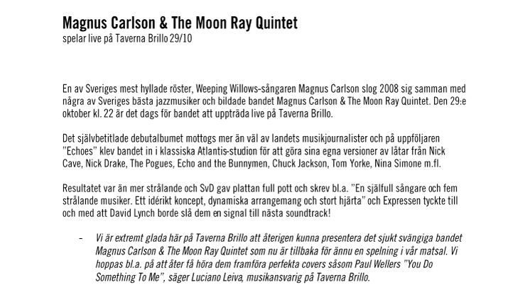 Magnus Carlson & The Moon Ray Quintet - live på Taverna Brillo