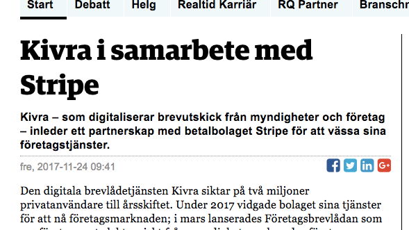 Realtid.se skriver om Kivras samarbete med Stripe