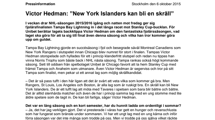 Victor Hedman: ”New York Islanders kan bli en skräll”