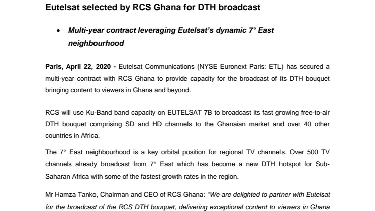 Eutelsat selected by RCS Ghana for DTH broadcast   
